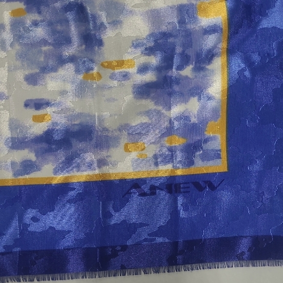 Vintage Accessories - Square Scarf Blue Yellow White Abstract Print Vintage Fringed